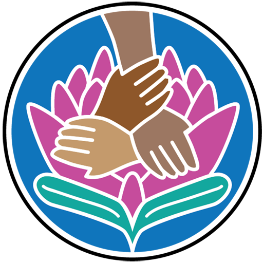 Hands and a flower in a circle from the logo.