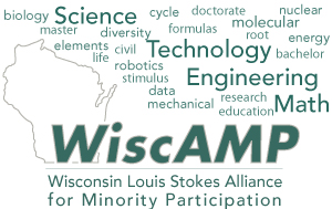 WiscAMP logo with a wordcloud with words such as science, technology, engineering and math most prominently.